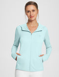 Light blue UPF 50+ hooded zip-up jacket with thumbholes, pockets, and subtle logo. #Baleaf Women's Hoodie